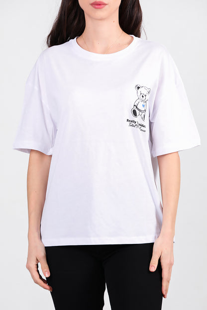 Kadın Ayıcık Baskılı Oversize Tshirt Ekru