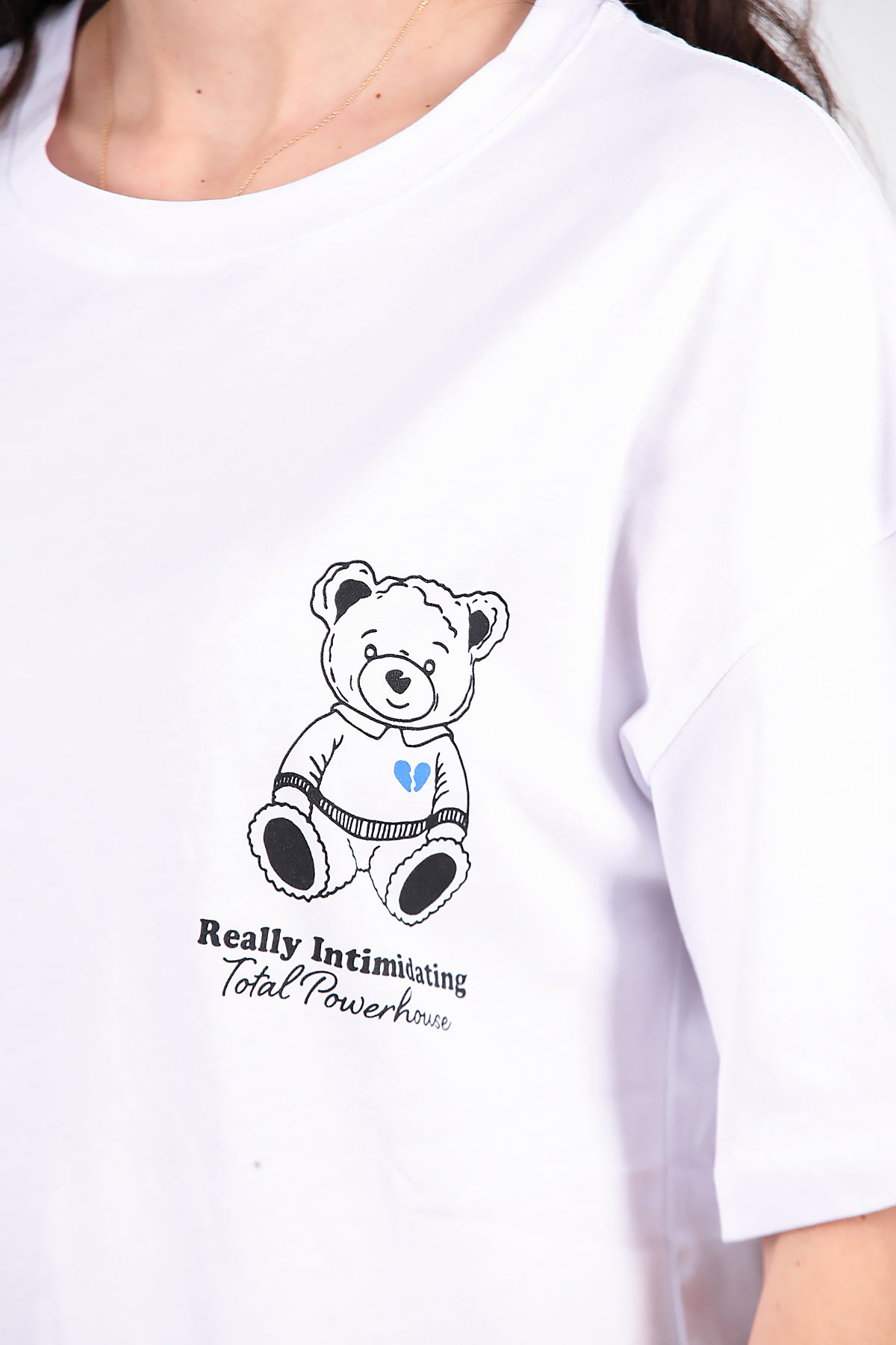 Kadın Ayıcık Baskılı Oversize Tshirt Ekru