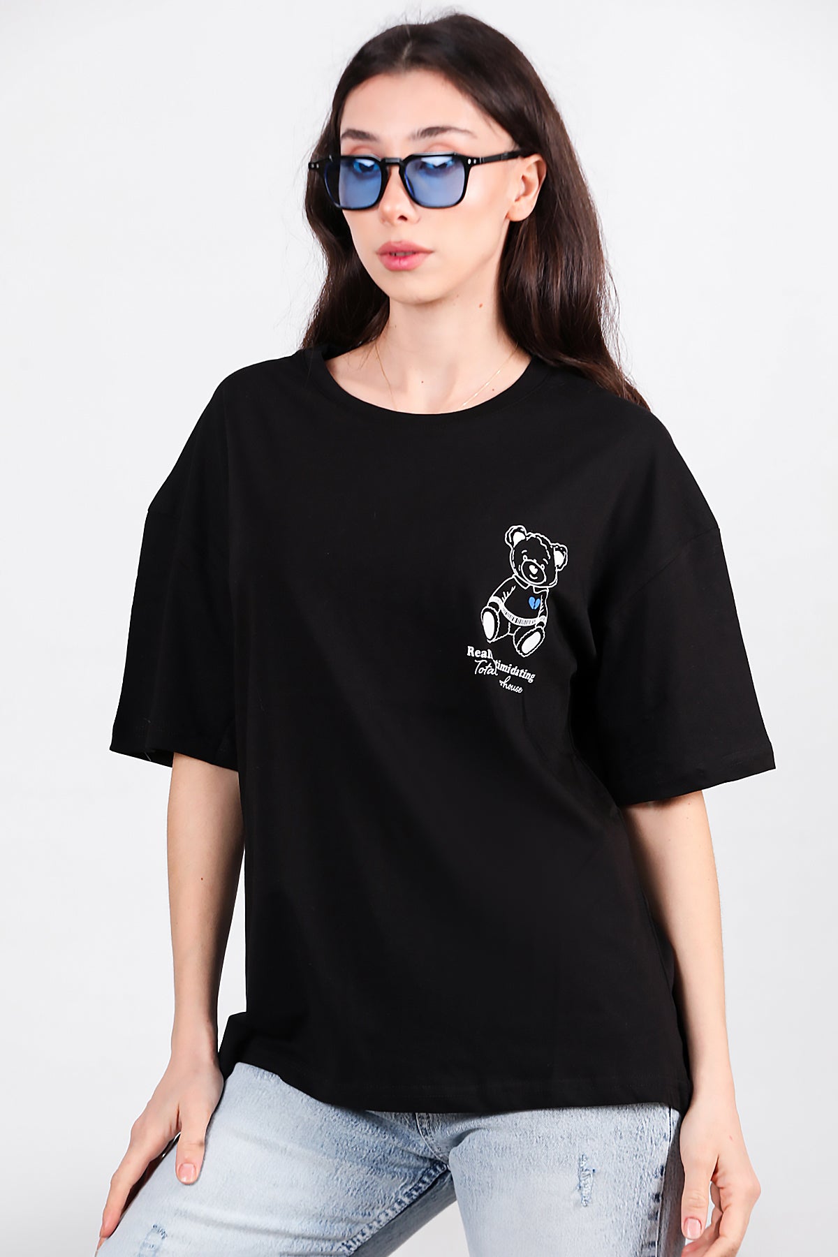 Kadın Ayıcık Baskılı Oversize Tshirt Siyah
