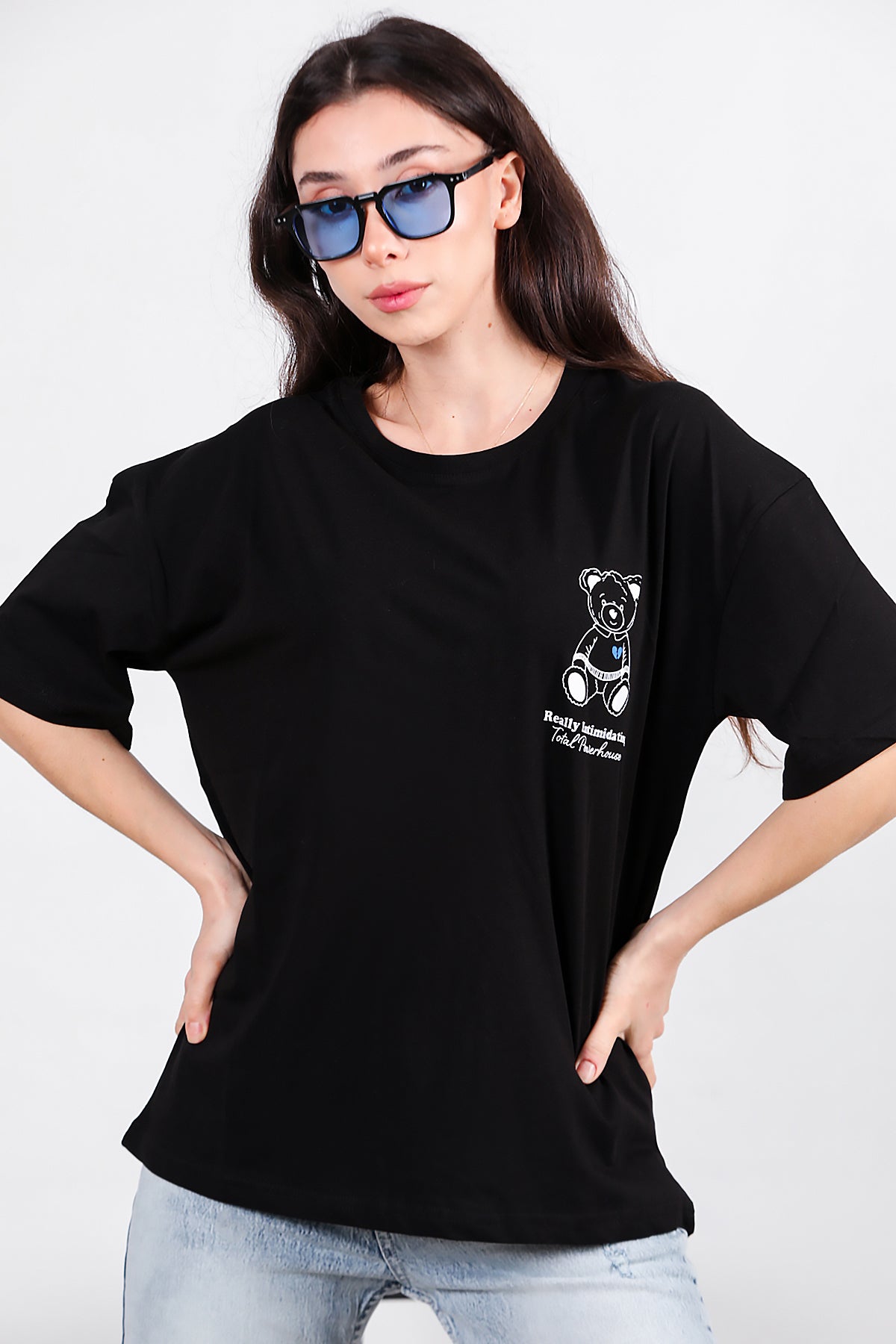 Kadın Ayıcık Baskılı Oversize Tshirt Siyah