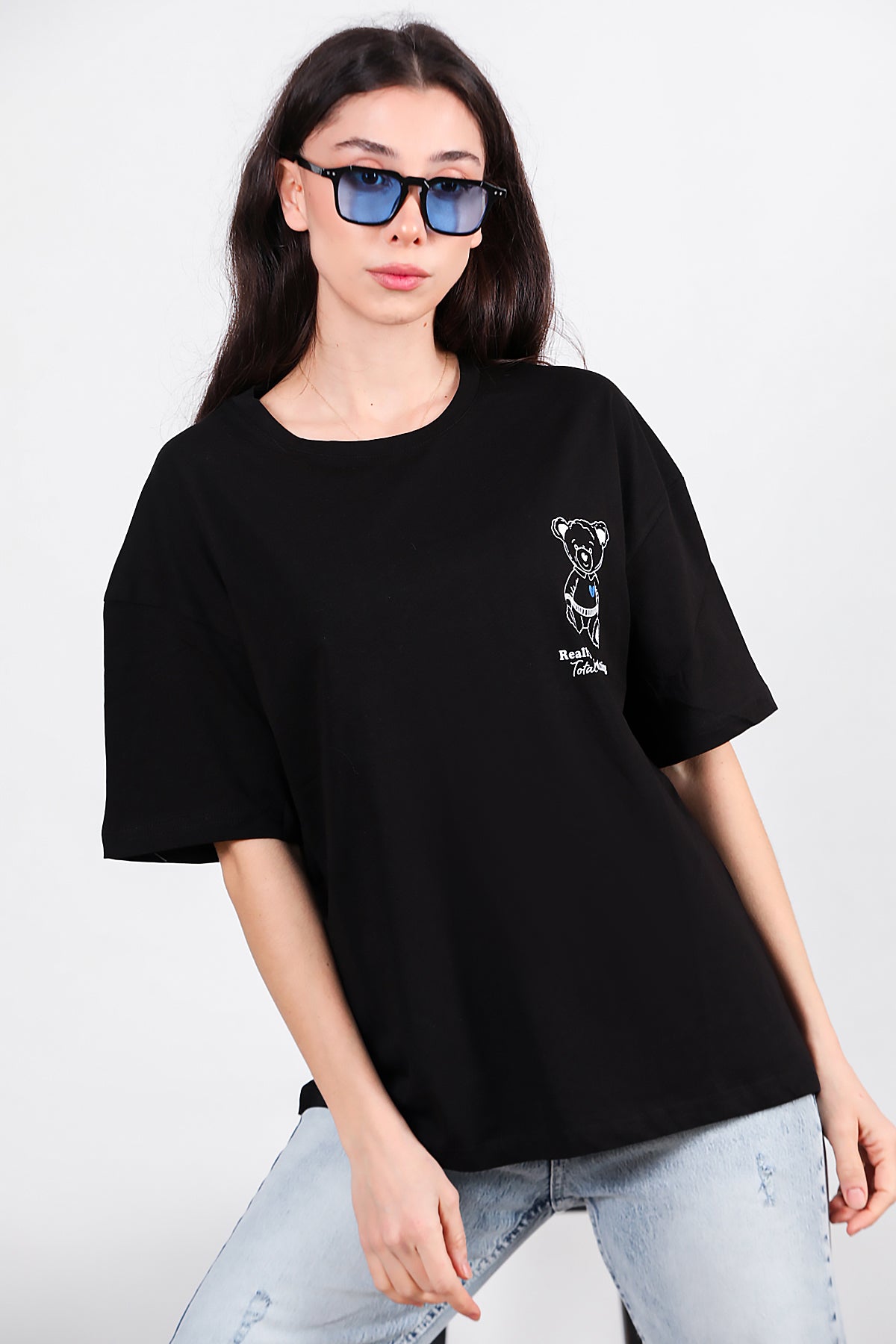 Kadın Ayıcık Baskılı Oversize Tshirt Siyah