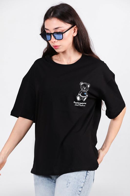 Kadın Ayıcık Baskılı Oversize Tshirt Siyah