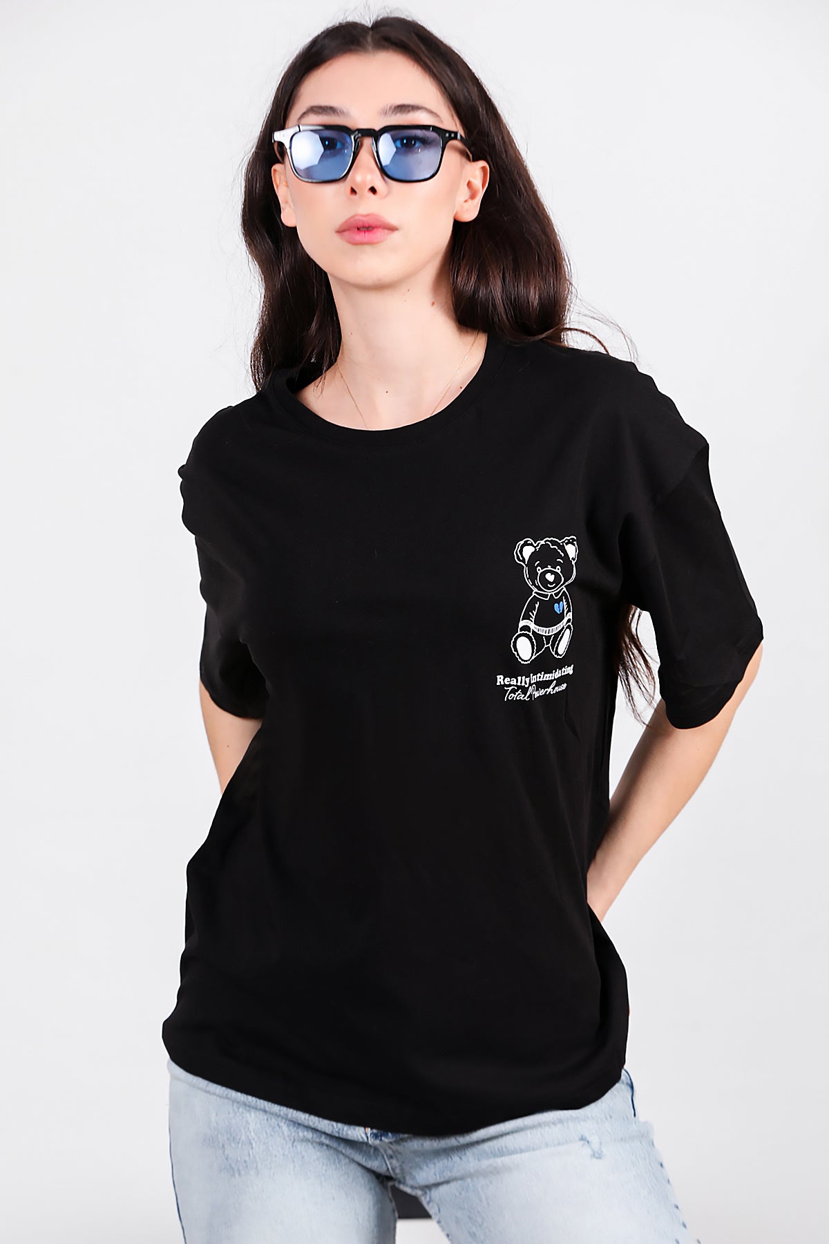 Kadın Ayıcık Baskılı Oversize Tshirt Siyah