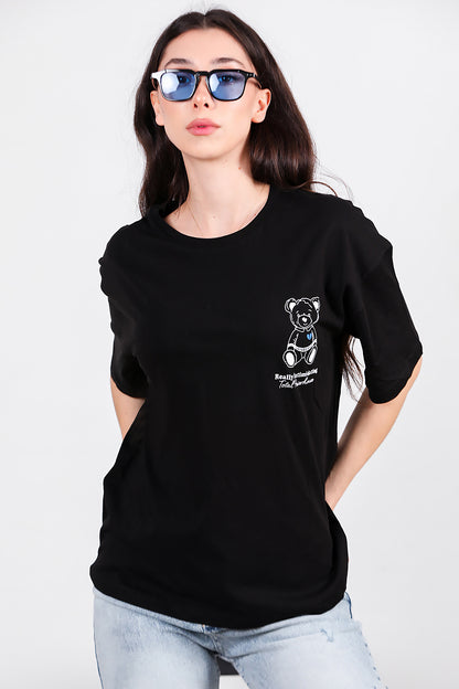 Kadın Ayıcık Baskılı Oversize Tshirt Siyah