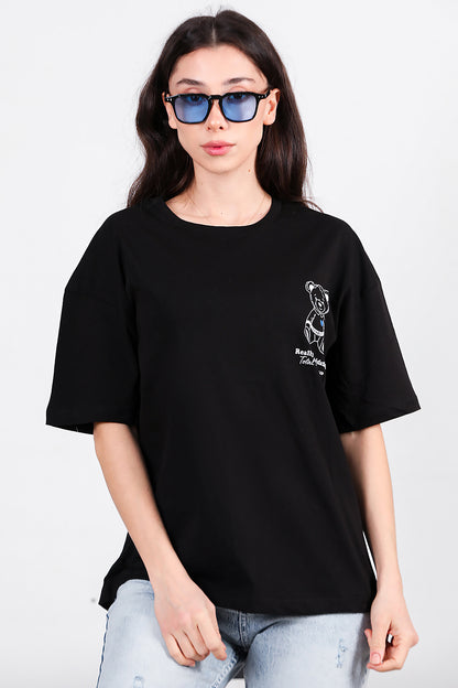 Kadın Ayıcık Baskılı Oversize Tshirt Siyah