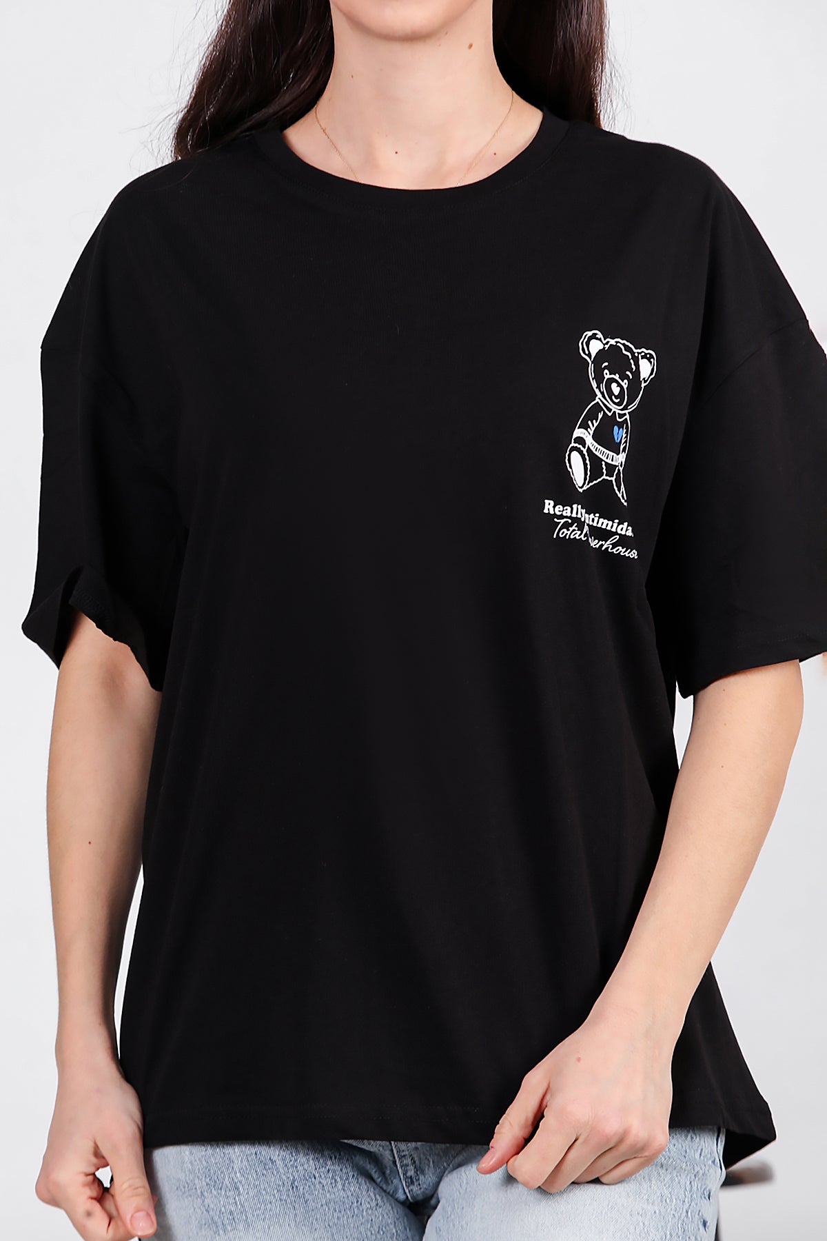 Kadın Ayıcık Baskılı Oversize Tshirt Siyah