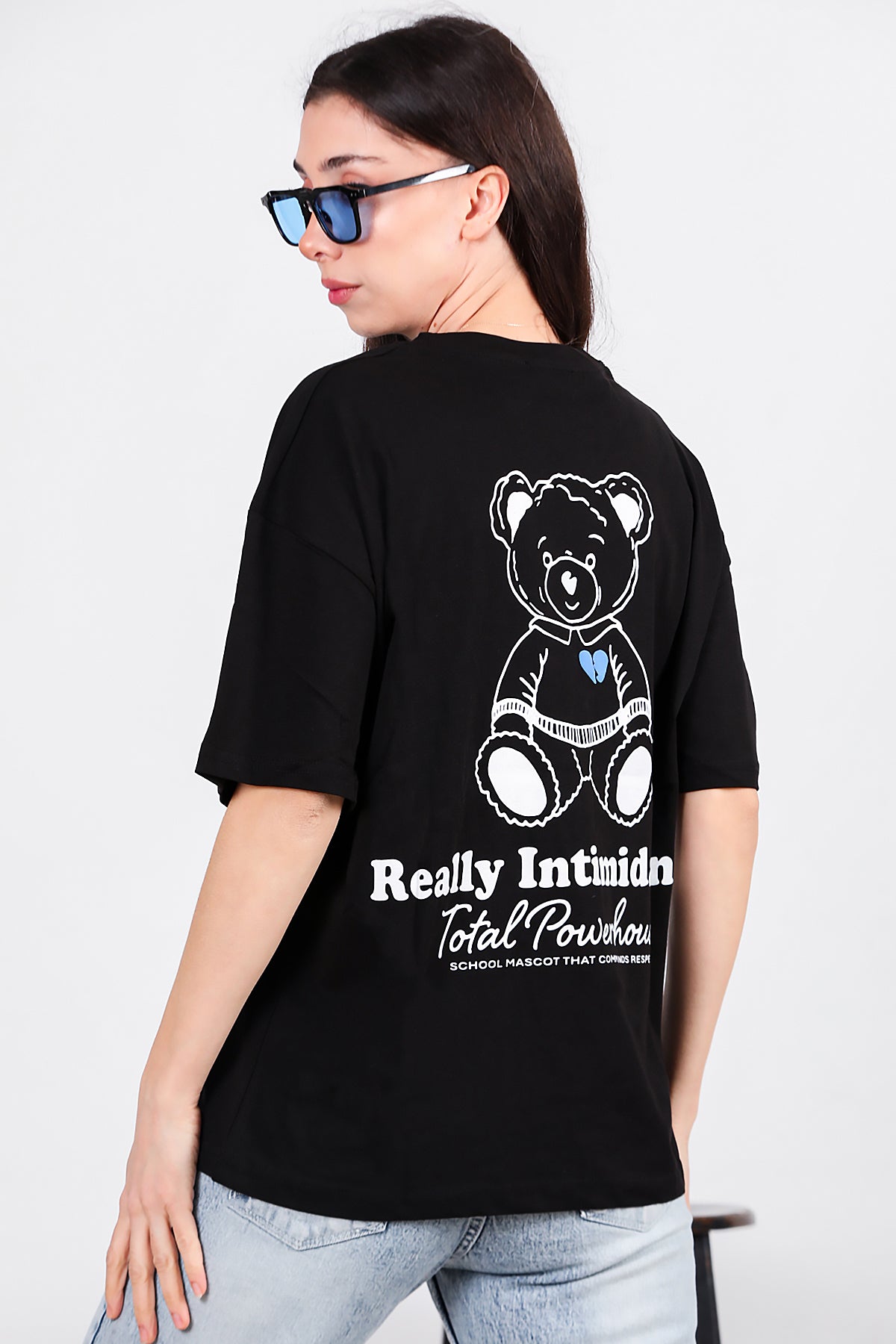 Kadın Ayıcık Baskılı Oversize Tshirt Siyah