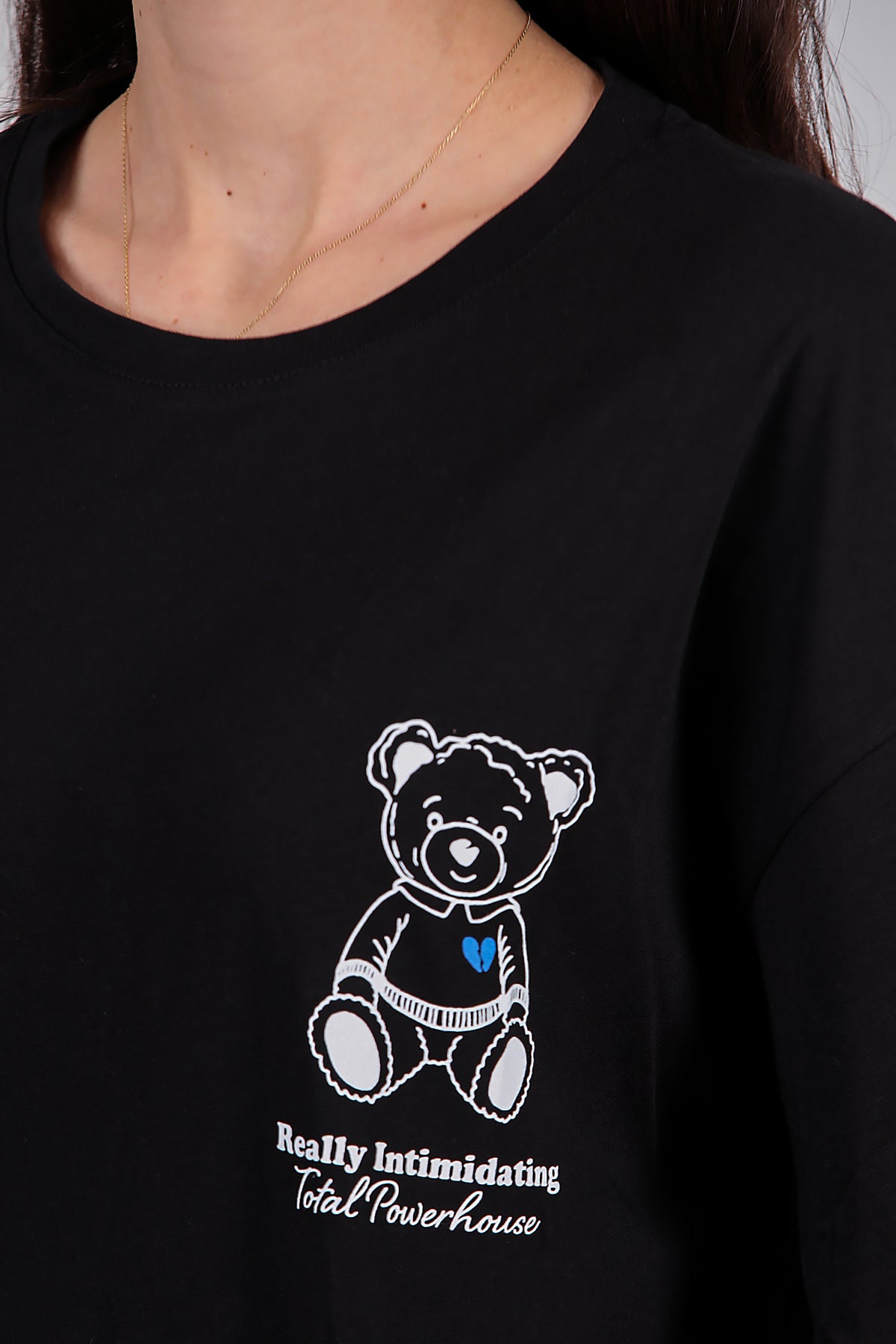 Kadın Ayıcık Baskılı Oversize Tshirt Siyah