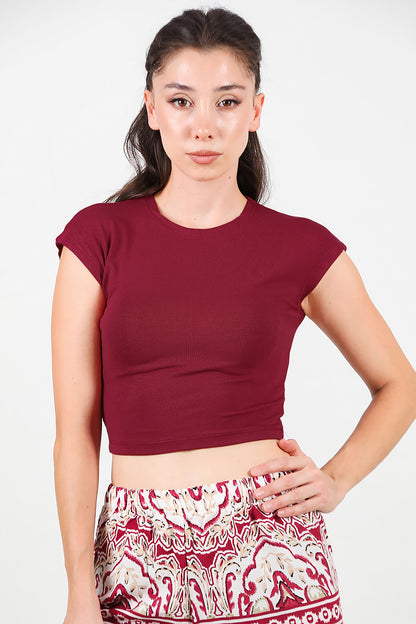 Kadın Düşük Omuz Kısa T-Shirt Bordo
