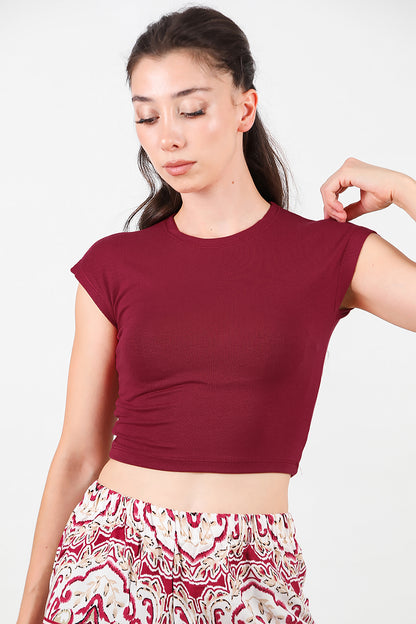 Kadın Düşük Omuz Kısa T-Shirt Bordo