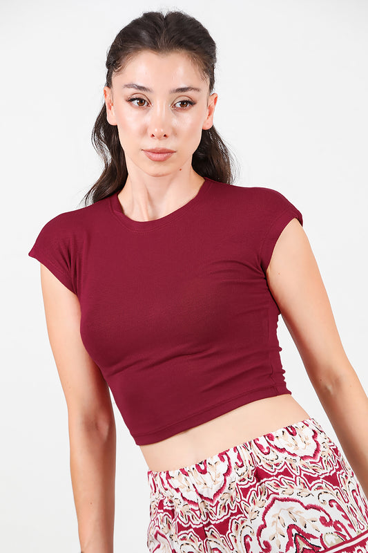 Kadın Düşük Omuz Kısa T-Shirt Bordo