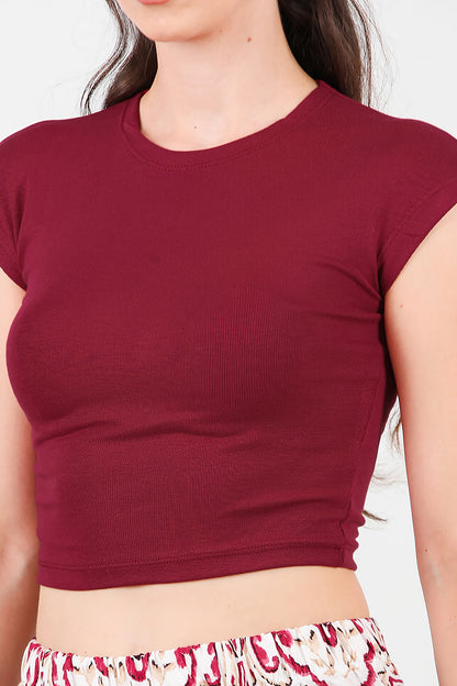 Kadın Düşük Omuz Kısa T-Shirt Bordo