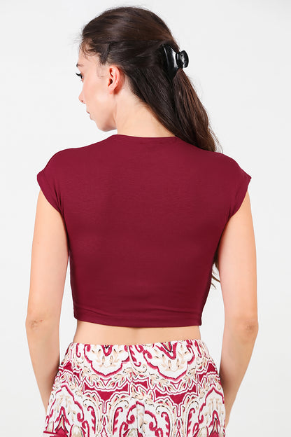 Kadın Düşük Omuz Kısa T-Shirt Bordo