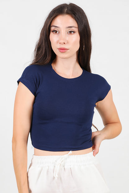 Kadın Düşük Omuz Kısa T-Shirt Lacivert