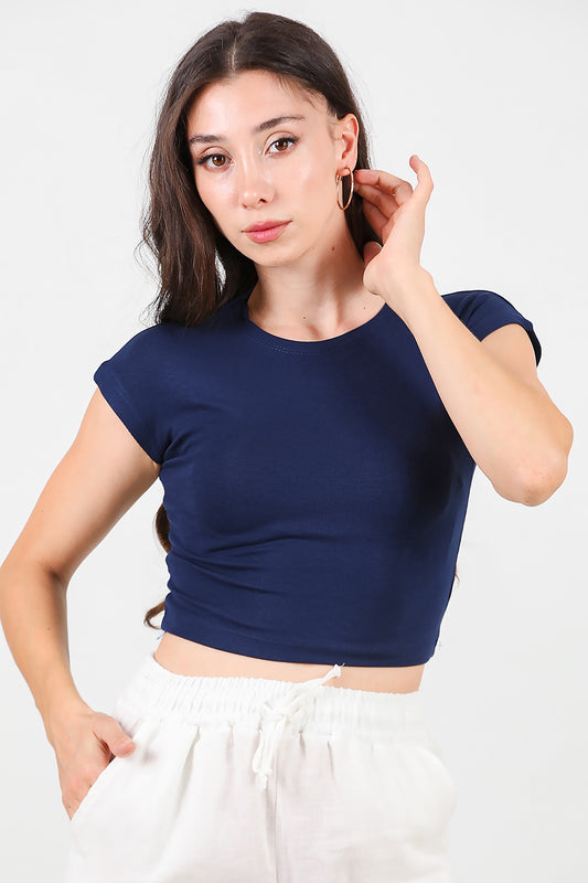 Kadın Düşük Omuz Kısa T-Shirt Lacivert