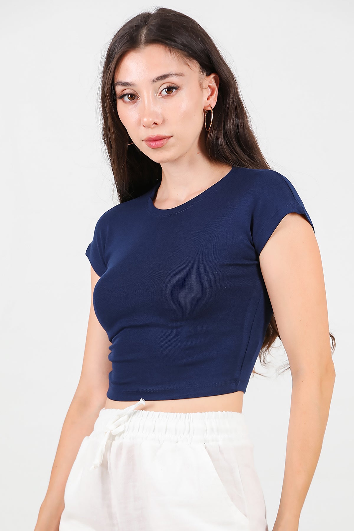 Kadın Düşük Omuz Kısa T-Shirt Lacivert