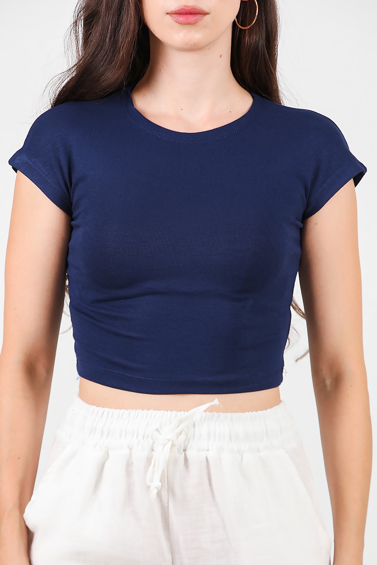 Kadın Düşük Omuz Kısa T-Shirt Lacivert