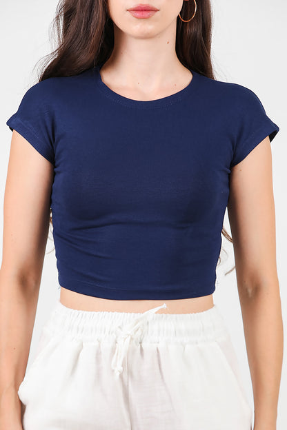 Kadın Düşük Omuz Kısa T-Shirt Lacivert