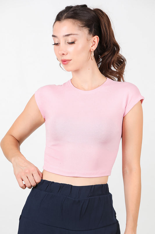Kadın Düşük Omuz Kısa T-Shirt Pembe