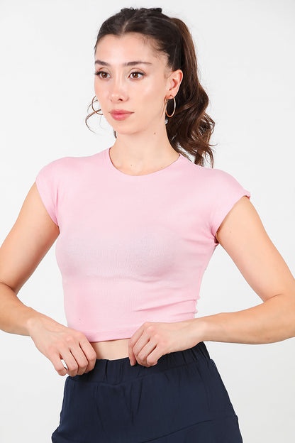 Kadın Düşük Omuz Kısa T-Shirt Pembe