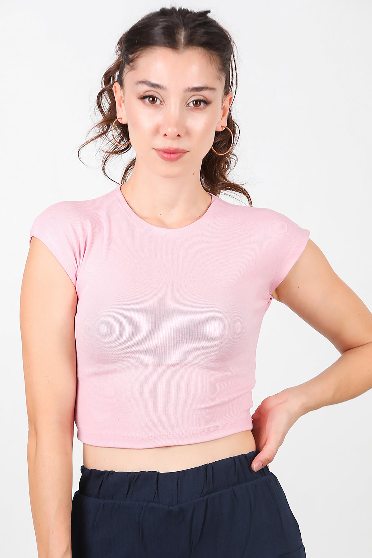 Kadın Düşük Omuz Kısa T-Shirt Pembe