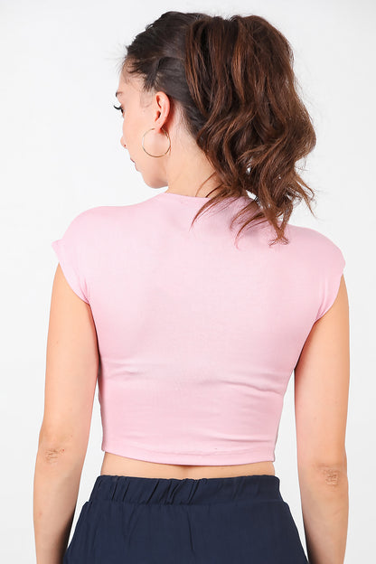 Kadın Düşük Omuz Kısa T-Shirt Pembe