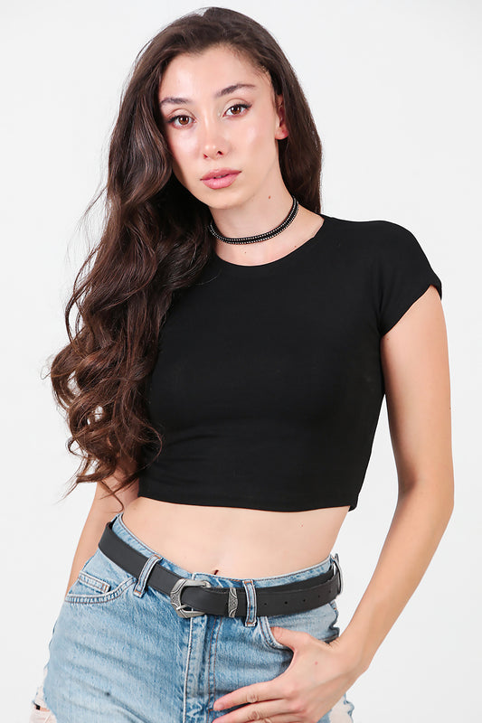 Kadın Düşük Omuz Kısa T-Shirt Siyah