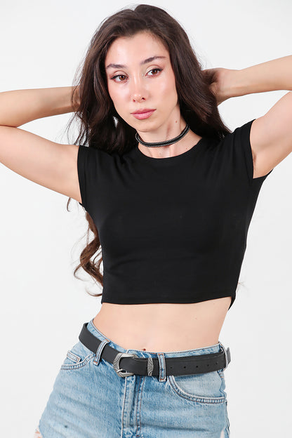 Kadın Düşük Omuz Kısa T-Shirt Siyah