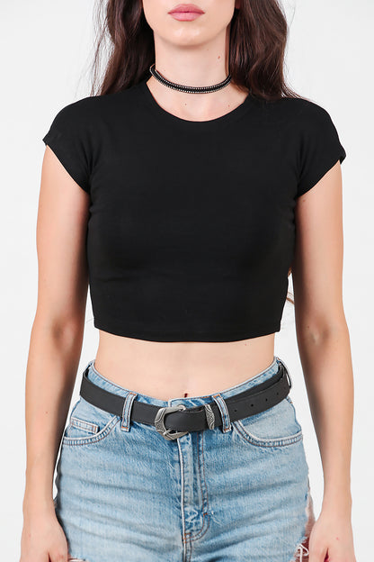 Kadın Düşük Omuz Kısa T-Shirt Siyah