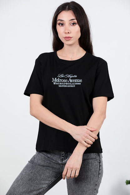 Kadın Ön Nakışlı Penye T-Shirt Siyah