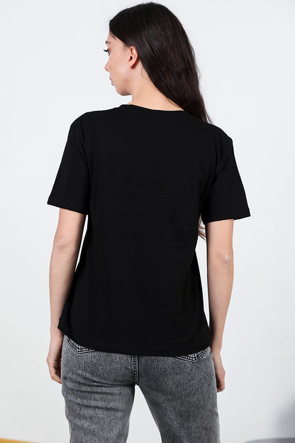 Kadın Ön Nakışlı Penye T-Shirt Siyah