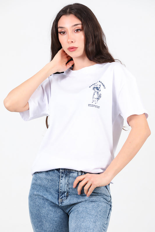 Kadın Ön ve Arka Baskılı T-Shirt Ekru