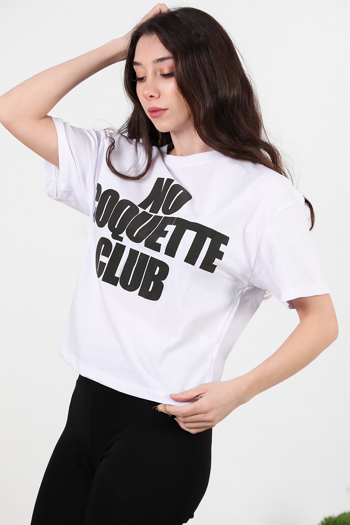 Kadın Önü Baskılı Oversize T-shirt Beyaz