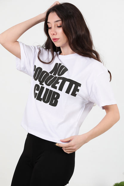 Kadın Önü Baskılı Oversize T-shirt Beyaz