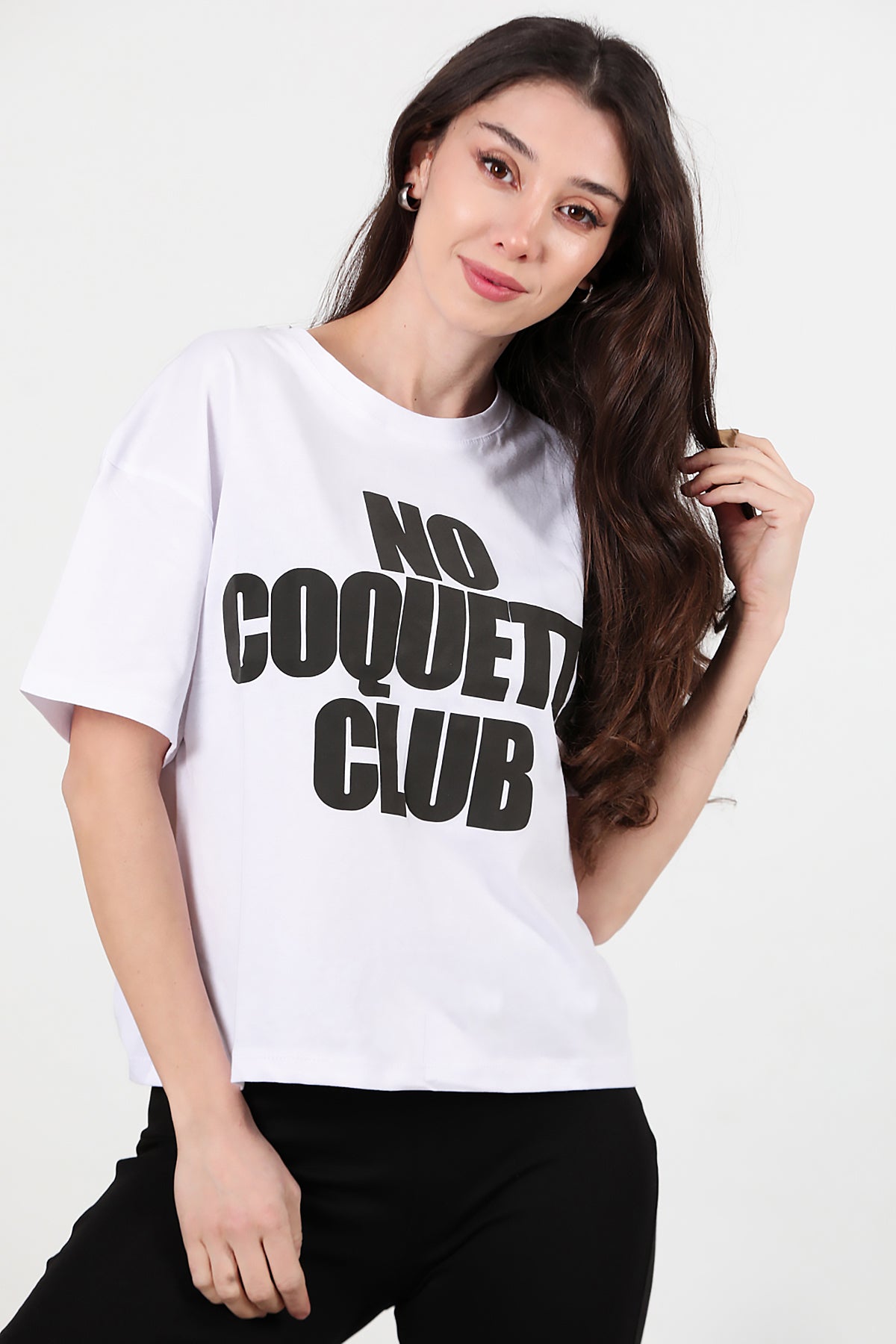 Kadın Önü Baskılı Oversize T-shirt Beyaz