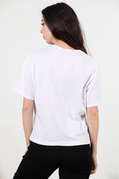 Kadın Önü Baskılı Oversize T-shirt Beyaz