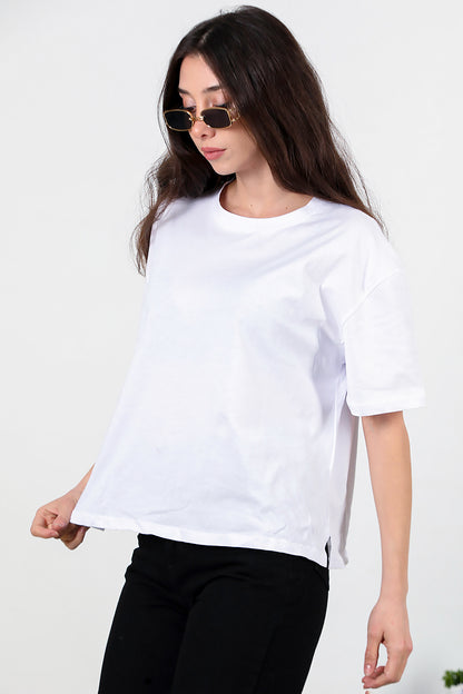 Kadın Yan Yırtmaçlı Oversize T-shirt Ekru