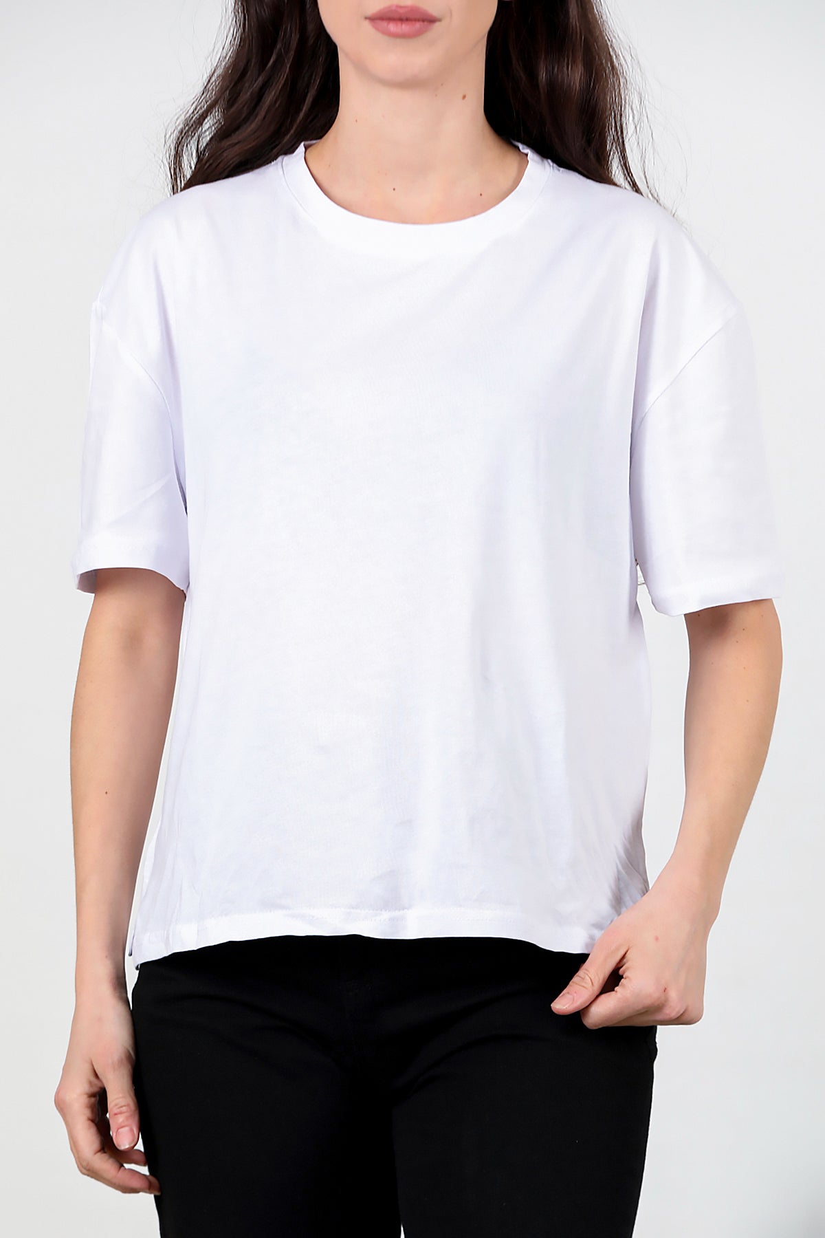 Kadın Yan Yırtmaçlı Oversize T-shirt Ekru