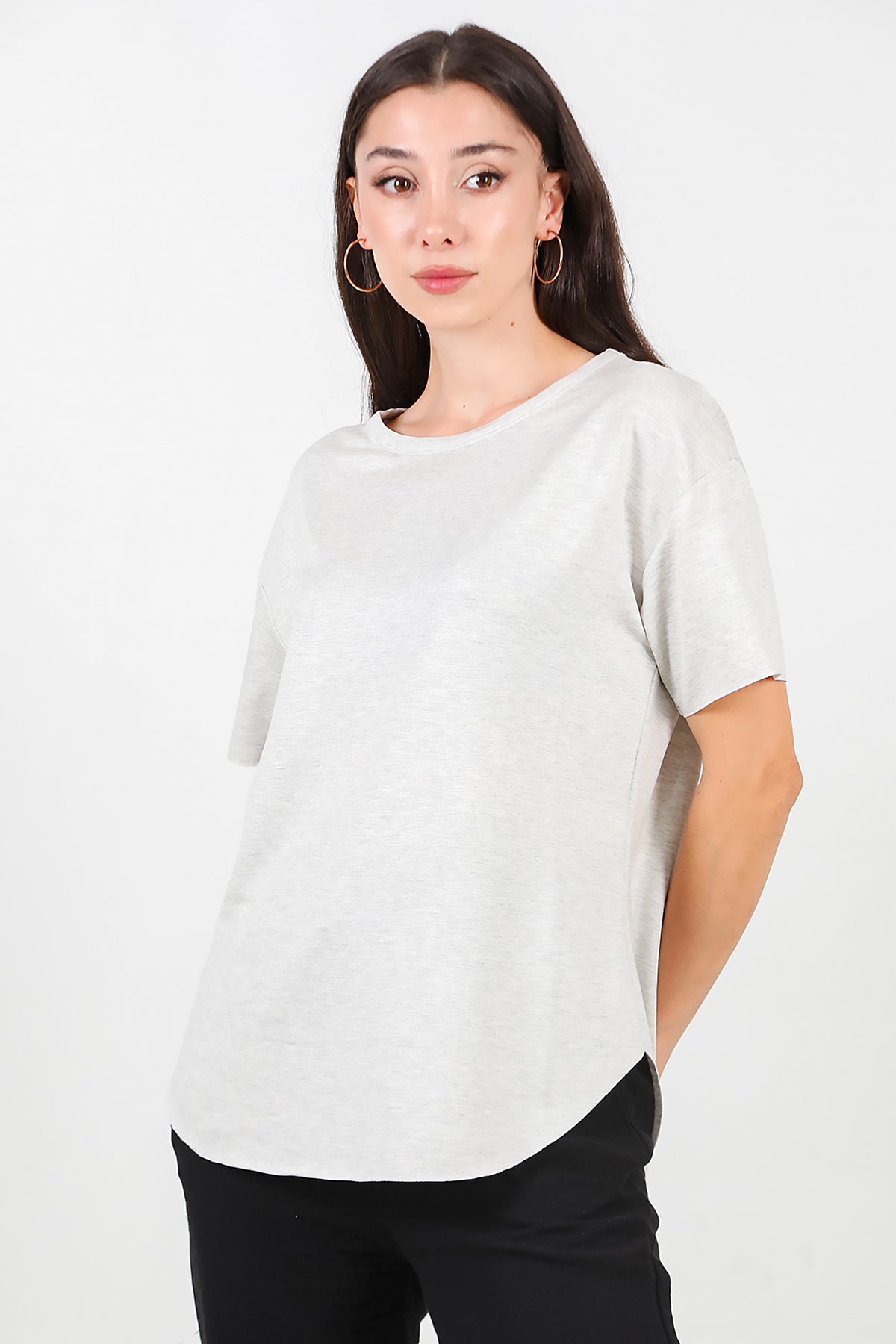 Kadın Eteği Oval Bisiklet Yaka T-shirt Açık Gri
