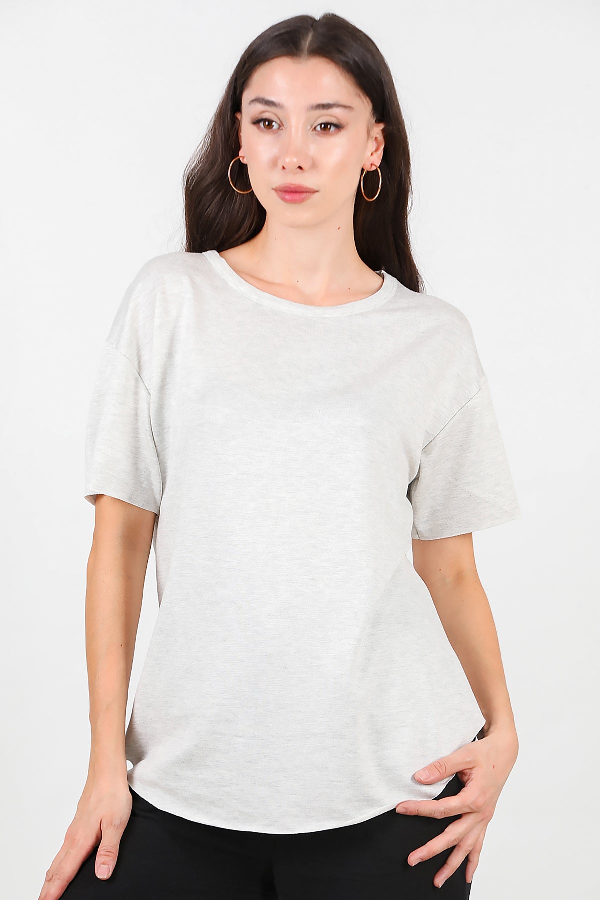 Kadın Eteği Oval Bisiklet Yaka T-shirt Açık Gri