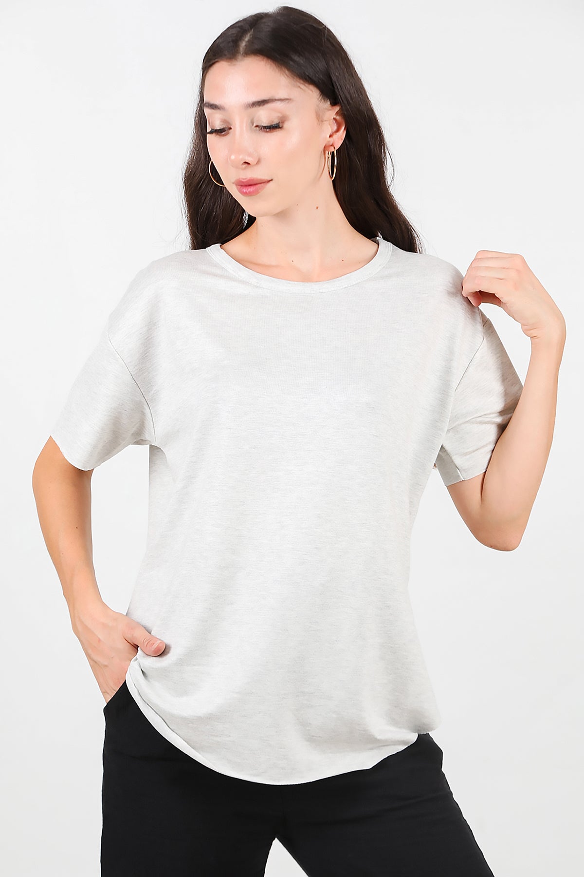 Kadın Eteği Oval Bisiklet Yaka T-shirt Açık Gri