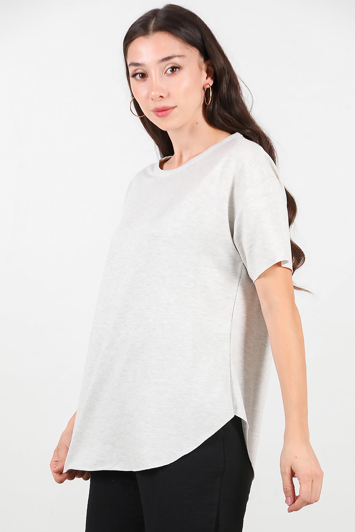 Kadın Eteği Oval Bisiklet Yaka T-shirt Açık Gri