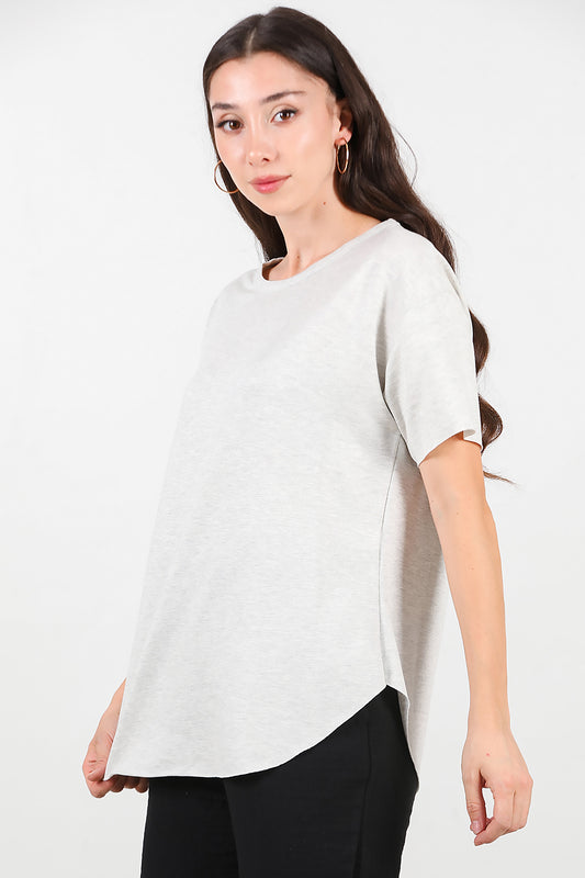 Kadın Eteği Oval Bisiklet Yaka T-shirt Açık Gri