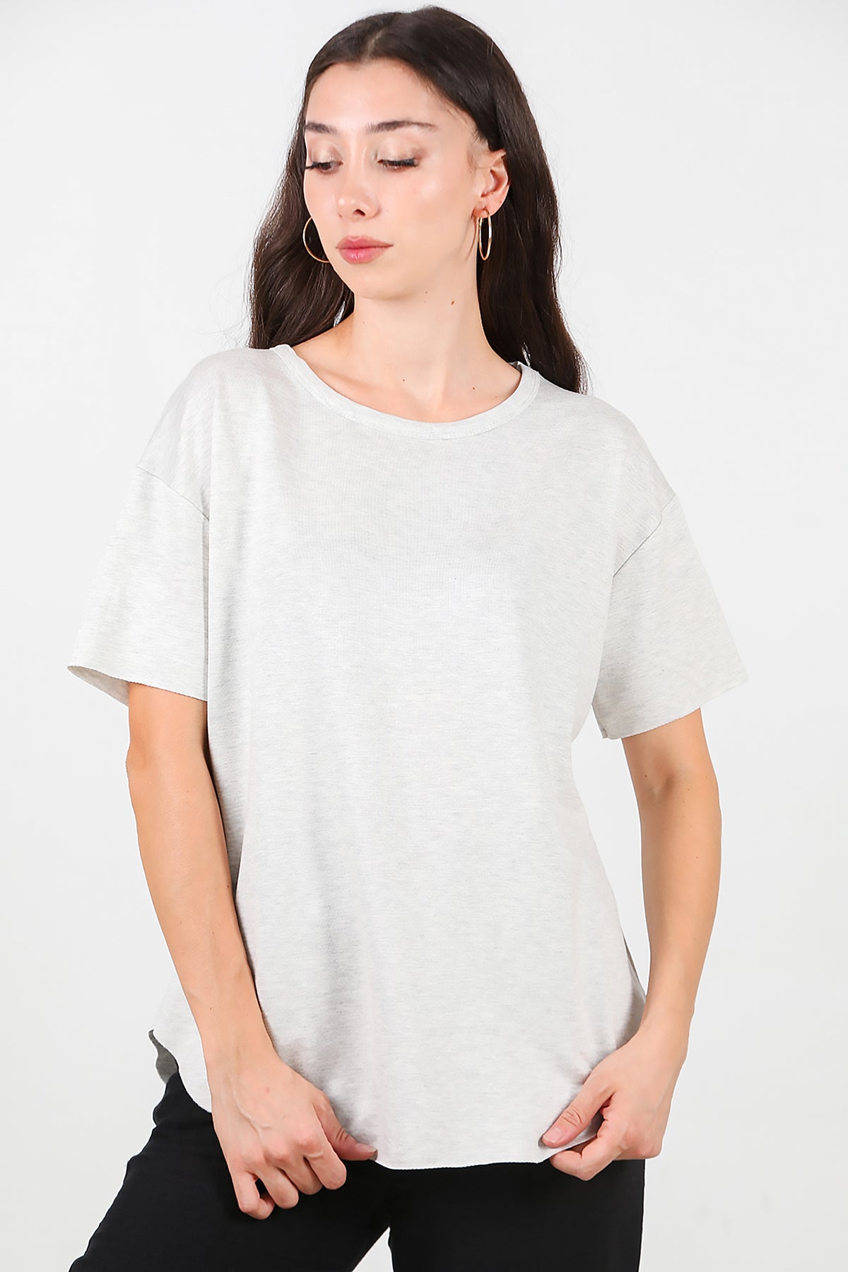 Kadın Eteği Oval Bisiklet Yaka T-shirt Açık Gri