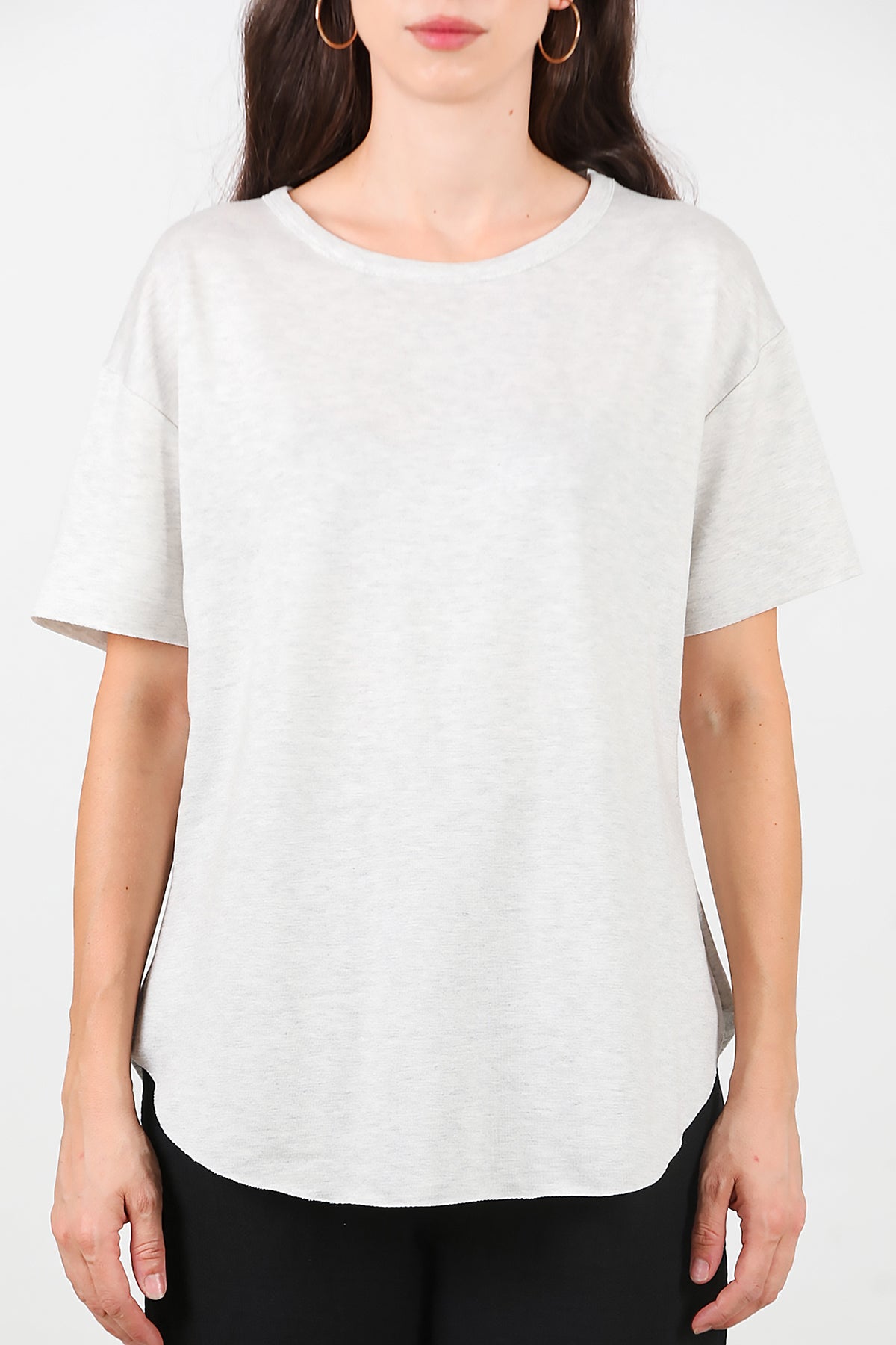 Kadın Eteği Oval Bisiklet Yaka T-shirt Açık Gri