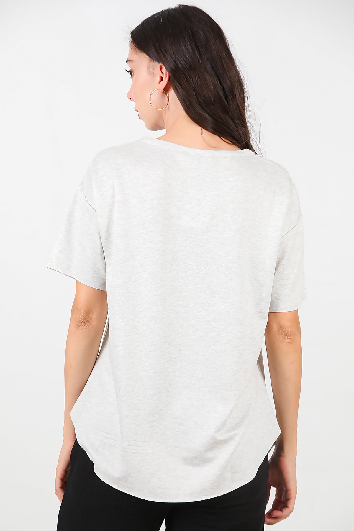 Kadın Eteği Oval Bisiklet Yaka T-shirt Açık Gri