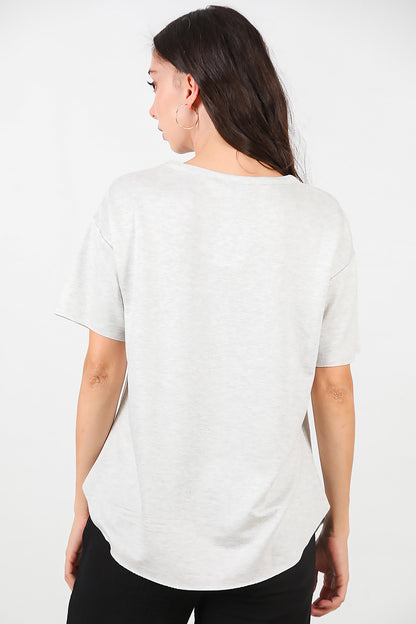 Kadın Eteği Oval Bisiklet Yaka T-shirt Açık Gri