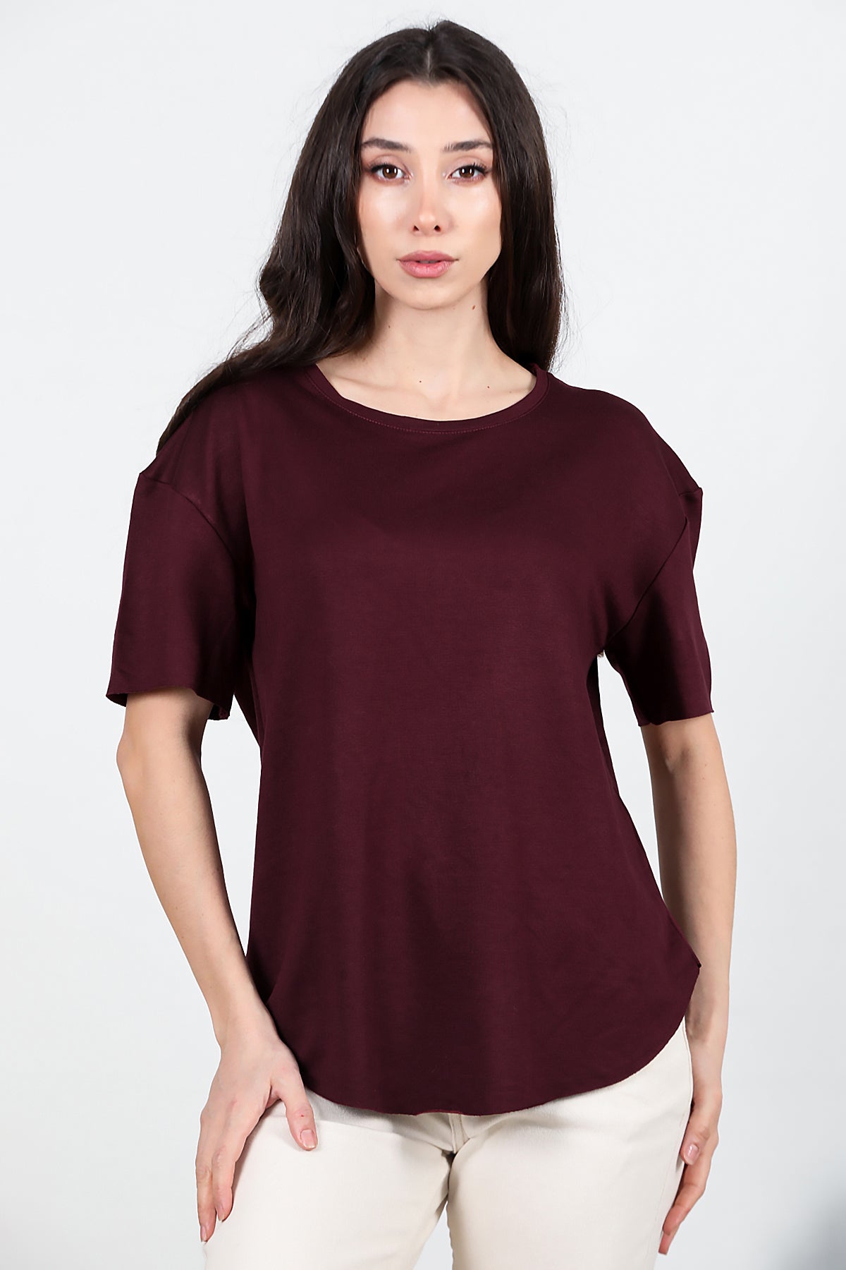 Kadın Eteği Oval Bisiklet Yaka T-shirt Bordo