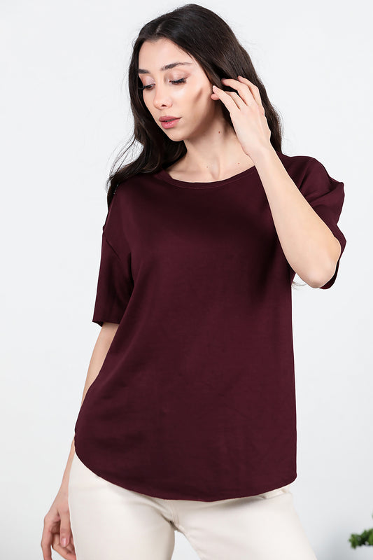 Kadın Eteği Oval Bisiklet Yaka T-shirt Bordo