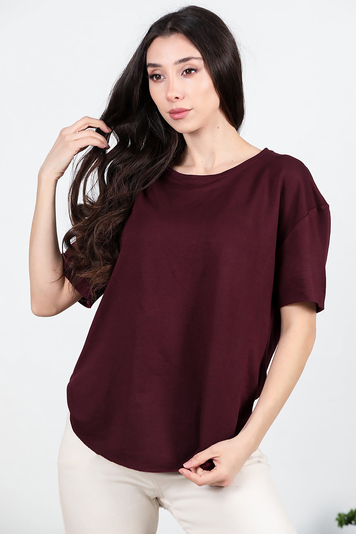 Kadın Eteği Oval Bisiklet Yaka T-shirt Bordo